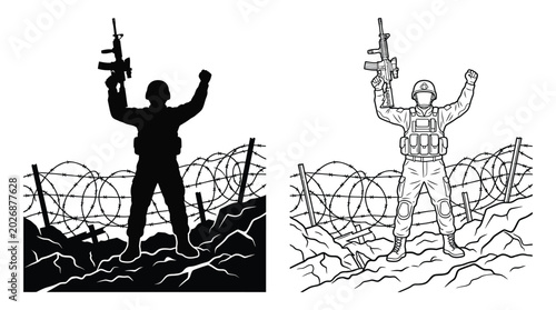 Φωτογραφία Soldier silhouette with rifle barbed wire and battlefield background