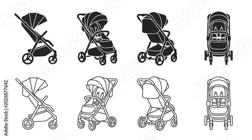 Foto baby stroller icons black and white line art set