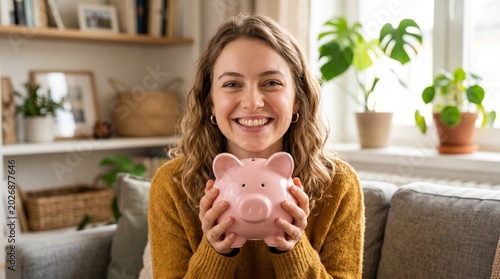 Smiling woman holding pink piggy bank.