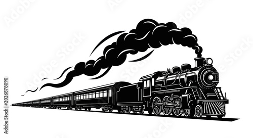 Obraz na płótnie Vintage Steam Train Locomotive with Passenger Cars, Black and White Silhouette