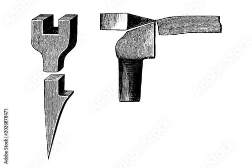 Tableau sur toile Upper and lower ends of the gauging tool, anvil position, mortise and tenon joinery technique, detailed vintage woodworking illustration, old vintage illustration, 1889