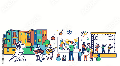 Tableau sur toile Vibrant street festival scene with people dancing playing music and engaging in artistic activities