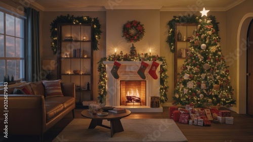 Cozy Christmas living room decorated with fireplace stockings and illuminated Christmas tree