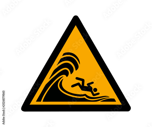 ISO 7010 W065 Warning Sign for High Surf and Large Breaking Waves, Yellow Water Hazard Symbol vector design and illustration.
