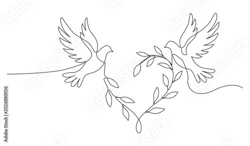 Minimalist continuous line art drawing of two peace doves flying with leaves vector illustration
