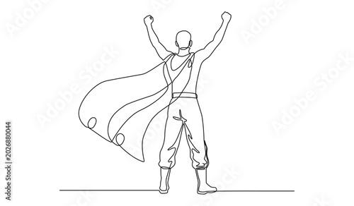 Minimalist single line art drawing of a superhero man wearing a cape vector illustration