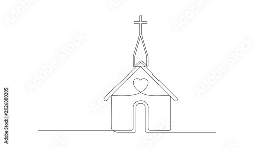 Continuous line art drawing of a minimalist church vector illustration for religious design concepts