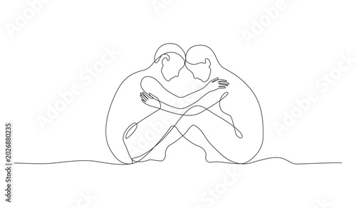 Couple Hug Continuous Line Art Romantic Relationship Vector Illustration Love And Unity Concept Design