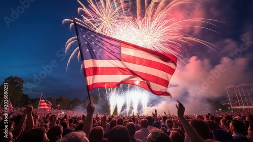 Crowd Celebrating With American Flag And Fireworks Display Under Night Sky
