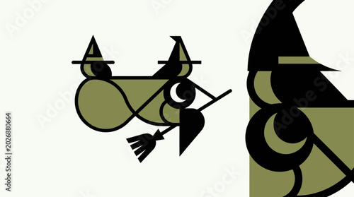 Photography Whimsical Witchy Cat with Broomstick, Minimalist Geometric Illustration
