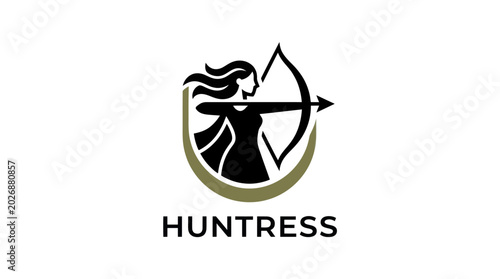 Foto Modern Huntress Logo with Bow and Arrow Symbol