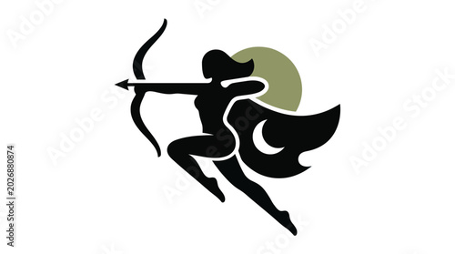 Bild auf Leinwand Silhouette of a female archer aiming bow and arrow with cape and moon symbol