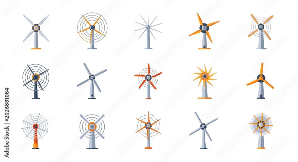 Obraz premium Illustration of different wind turbine designs representing sustainable energy generation