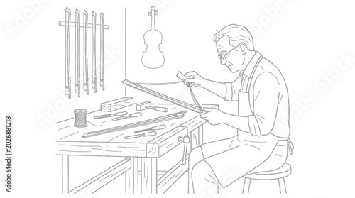 Obraz na płótnie Luthier crafting a violin bow with precision tools at a workbench