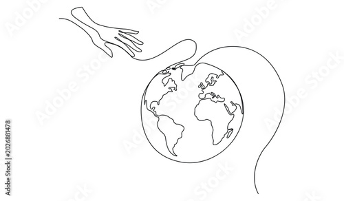 Helping Hand And Globe Continuous Line Art Humanity Support Vector Illustration Global Care Concept