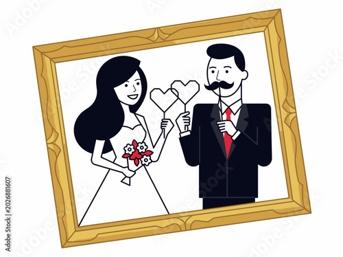 Photos Whimsical Wedding Couple Portrait in Gold Frame - Vector Illustration of Bride a