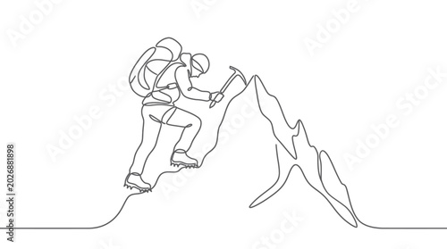 Continuous line drawing of a climber ascending a steep mountain peak with an ice axe.