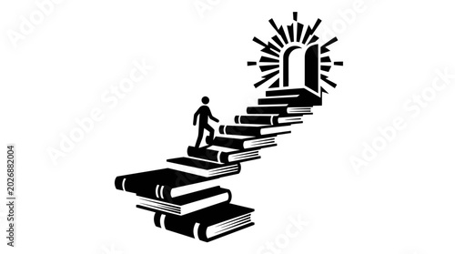 Person climbing stairs made of books towards a bright open door, symbolizing education and knowledge.