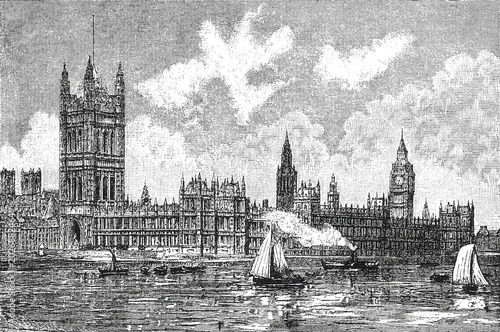 Fotografie Parliament buildings in London (Houses of Parliament), grand riverside Gothic Revival architecture, towers, clock, boats and smoke on Thames, old vintage illustration, 1898