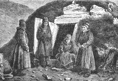 Photos Lapland family group in traditional attire conversing near a stone entrance, old vintage illustration, 1898