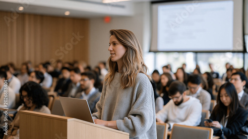 Crowded foscience symposium where a female researcher presents caloric density and satiety index findings to a professional audience, slide deck showing volumetric eating comparisons visible on scre