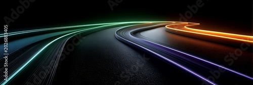 Vibrant neon light streaks moving along curved path on textured black ground depicting motion blur and high speed transportation in a futuristic digital landscape