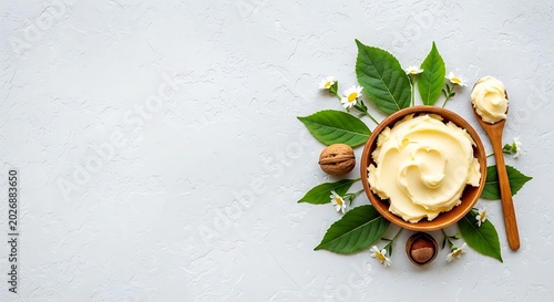 Shea butter or moisturizing cosmetic cream in a wooden bowl with hazelnuts and chamomile flowers isolated on white background