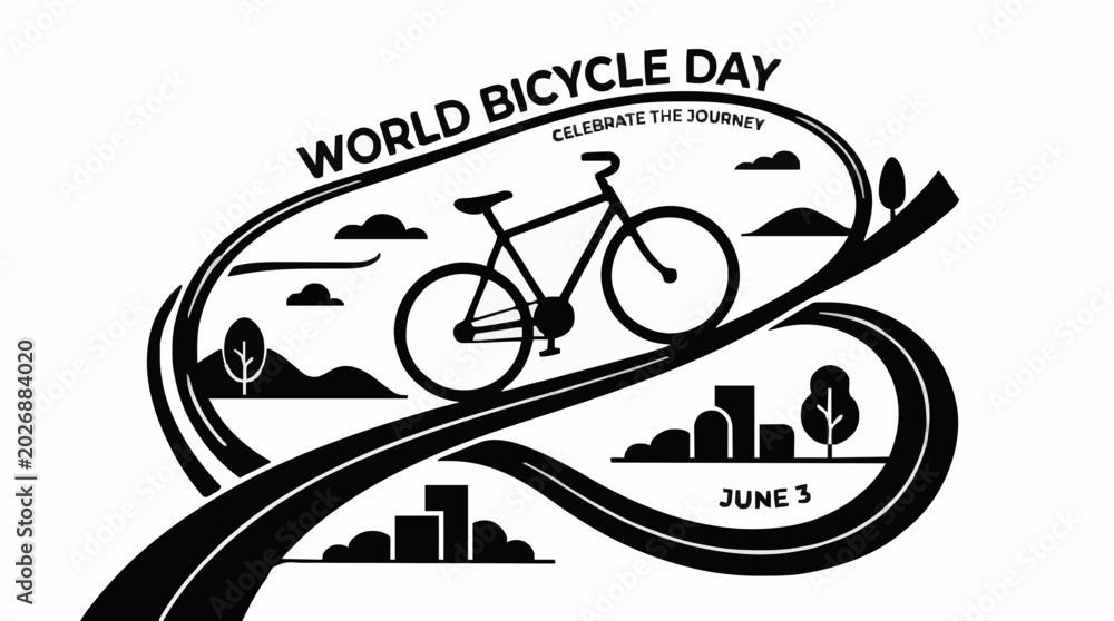 Fototapeta premium World bicycle day celebration banner with bike on winding road path