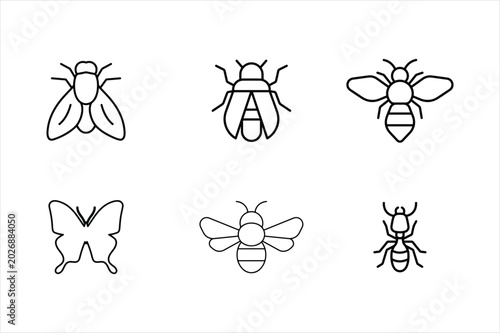 Insect icons set linear style black lines on white background