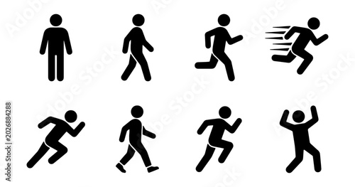 Cuadro en lienzo Human Figure Motion Icons, Running and Walking Silhouettes, Action Poses Vector
