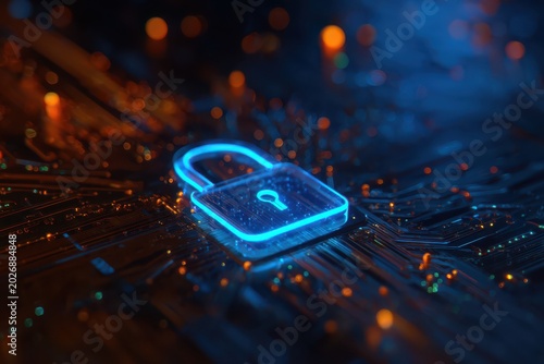 Padlock as a symbol of cyber security, global data network protection, technology concept.