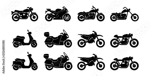 Schilderij op canvas Motorcycle Icons Set: Sportbike, Scooter, Cruiser, Dirt Bike, Cafe Racer Vector