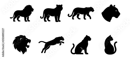 Photography Big Cat Silhouettes Vector Pack: Lion, Tiger, Panther, Domestic Cat Icons