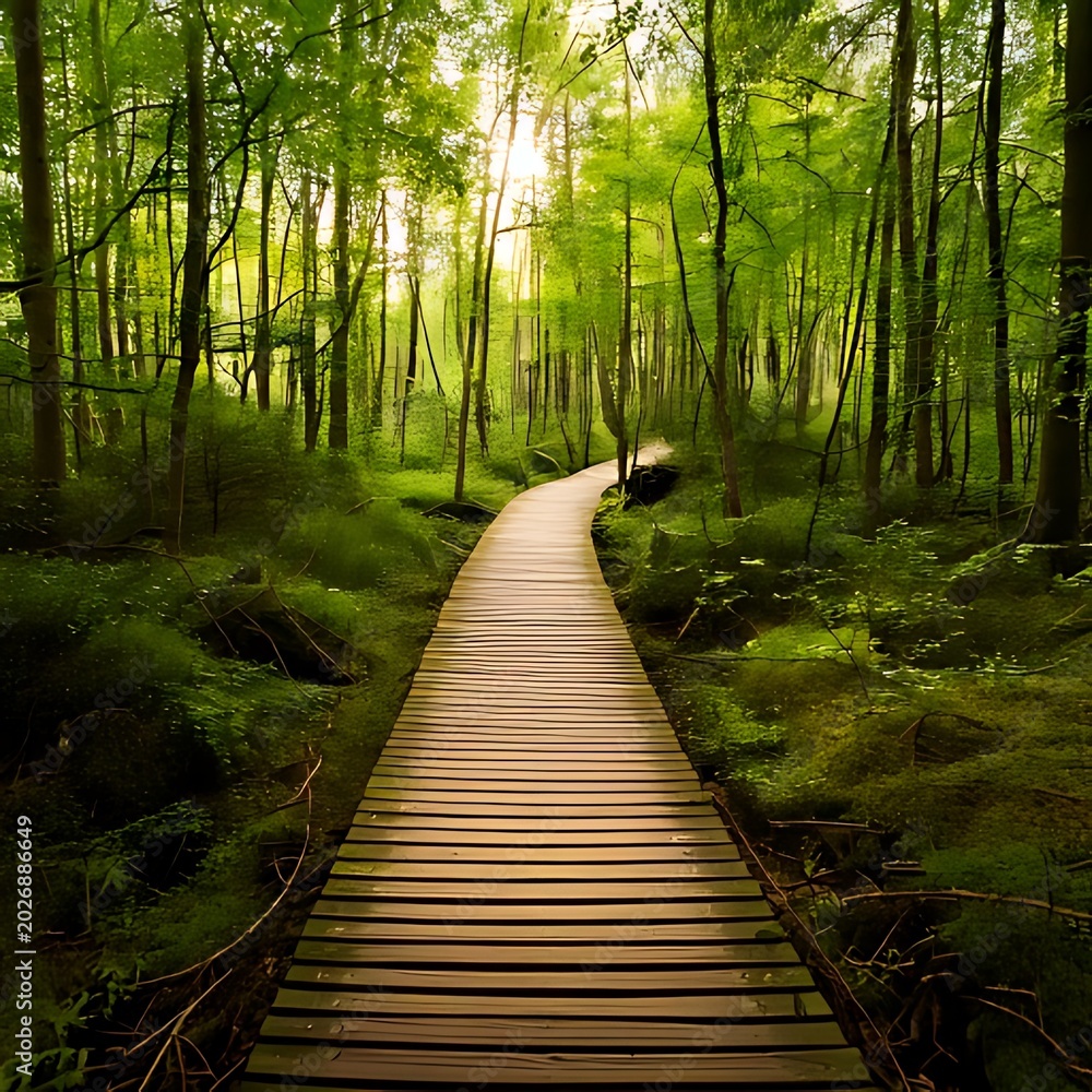 Fototapeta premium Sunlit wooden path winding through lush green forest