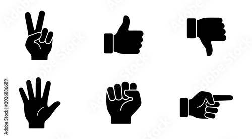 Foto Hand Gestures Icons: Thumbs Up, Down, Peace, Fist, Open Palm, Pointing