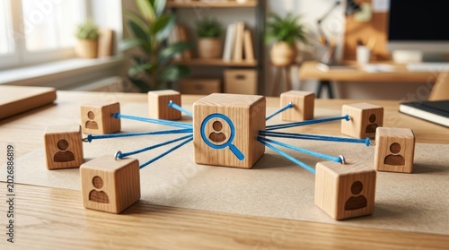 Wooden Blocks Connected to Central Hub with User Search Icon