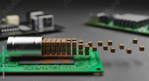 Digital cubes emerging from a metal cylinder on a circuit board representing high-speed data transfer and futuristic computing.
