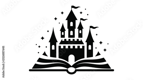 Photography Castle icon with Open Book Stars and Towers for Magical Fantasy Education, Wizardry Learning and Fairy Tale Night sky concept design