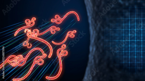 Glowing red filamentous virus strands spreading across dark blue digital grid surface