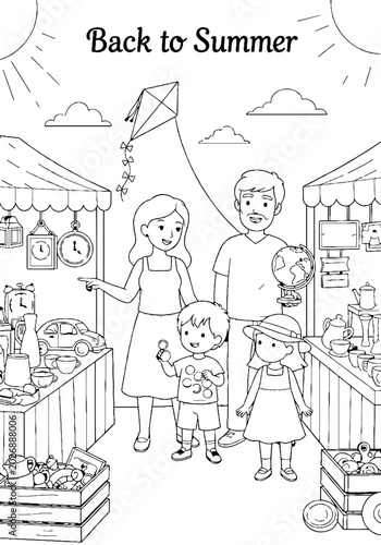 Family shopping at outdoor summer market coloring page
