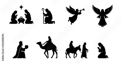 Bild auf Leinwand Nativity Scene Silhouettes, Christmas Angels, Wise Men, 8 Vector Icons