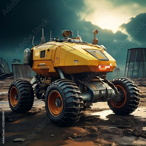 Rugged autonomous vehicle navigating a desolate, industrial-like terrain under a stormy sky