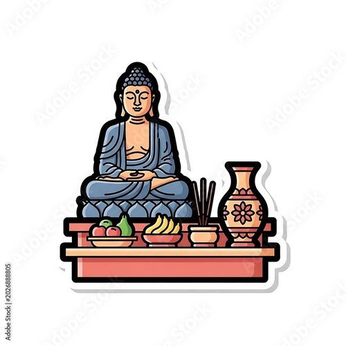 Serene Buddha statue on altar with offerings of fruit, incense, and vase