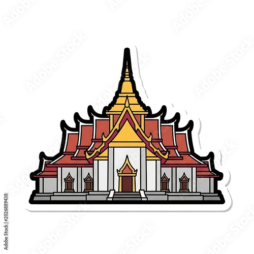 Stylized Asian temple with tiered roof, ornate details, and symmetrical facade