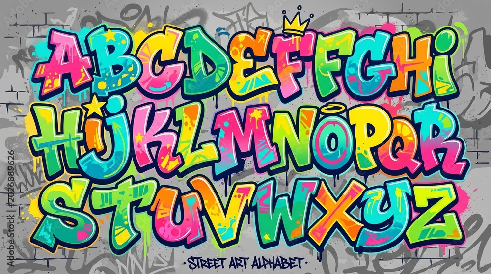 Naklejka premium A colorful street art alphabet on a gray brick wall background. The letters A-Z are bold, 3D-style graffiti with bright neon colors like pink, blue, green, yellow, and orange, outlined in black. Some 