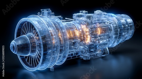 Jet engine turbine hologram with glowing blue wireframe and golden internal energy core representing digital twin technology and advanced aerospace engineering innovation