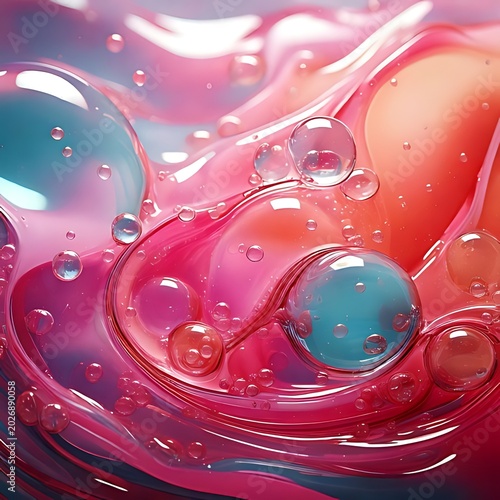 Swirling pink and blue viscous liquid with iridescent bubbles