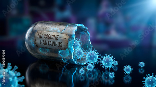 Cracked metallic capsule labeled no vaccine hantavirus releasing glowing blue viral particle on dark surface