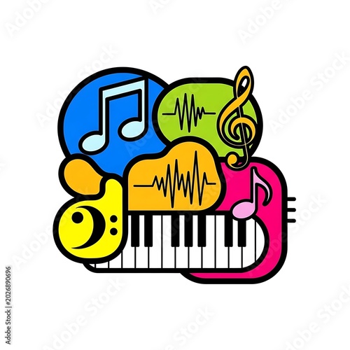 Vibrant abstract composition featuring musical symbols and notes