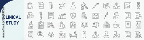 Clinical Study Line Icons Set, Medical Research and Healthcare Vector Illustrations